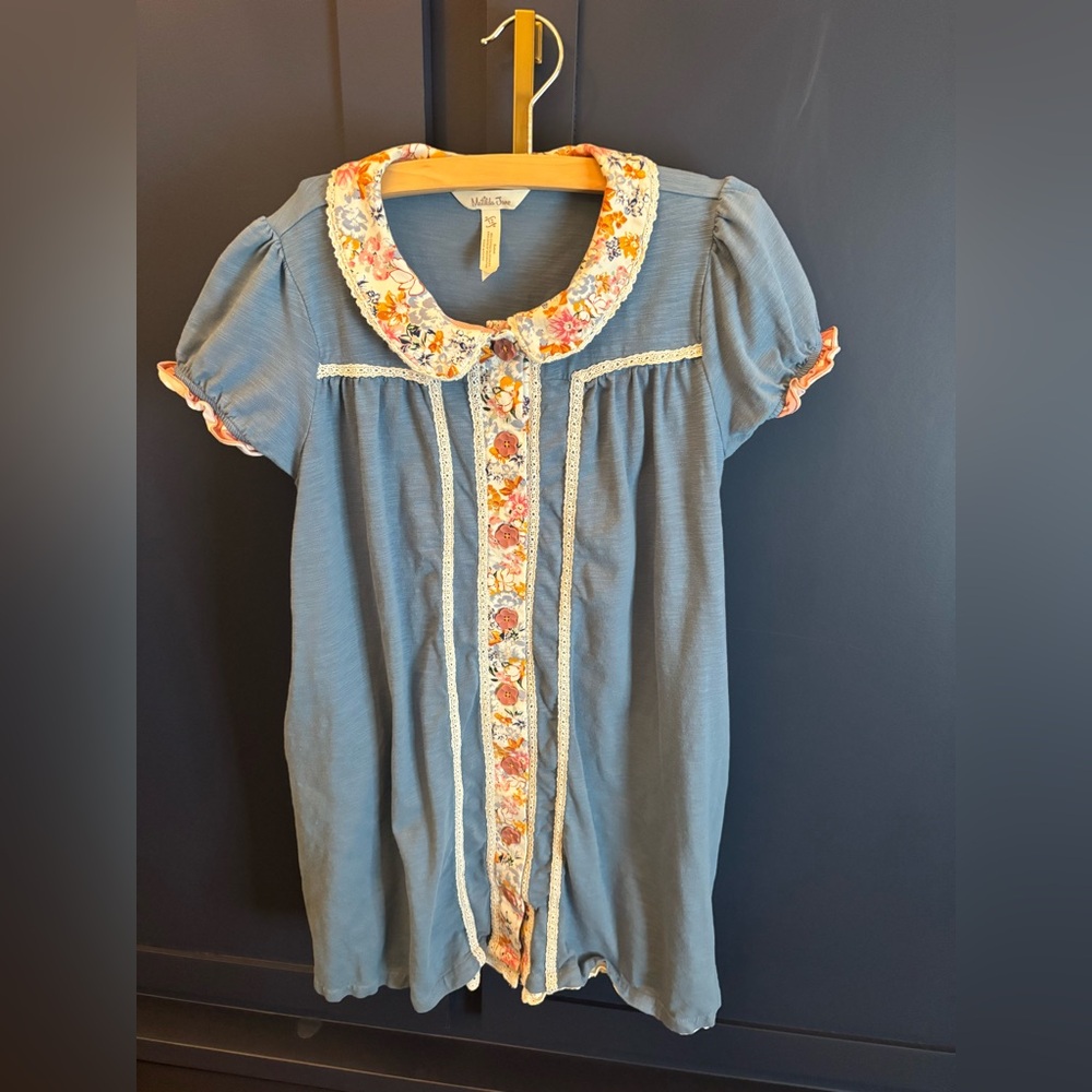 Blue Floral Trim Puff Sleeve Dress